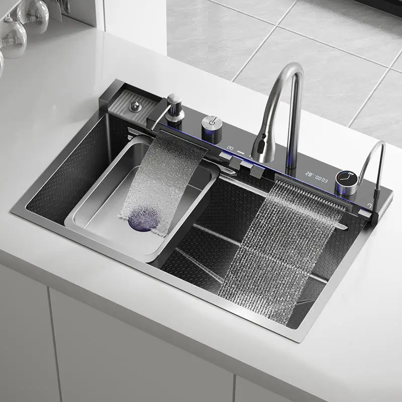 Luxury Modern Multifunctional Smart Waterfall Kitchen Sinks Set Draining Single Bowl 304 Stainless Steel Faucet Sink Kitchen