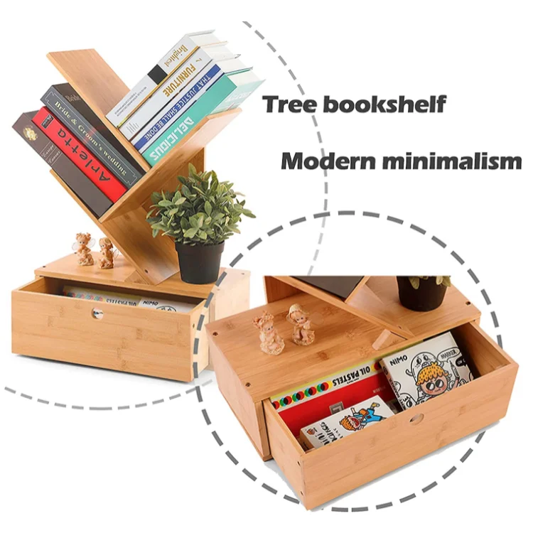 QUAWE Wholesale Bamboo Magazine Display Racks Bookcases and Bookshelves Library Desktop Wooden Book Shelf