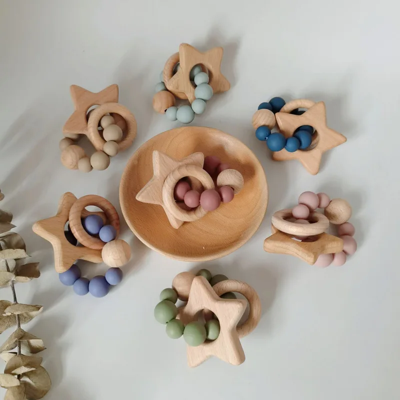 Baby Teething Toys Rattle Soft Bpa Free Cartoon Wood Baby Teether Ring Kids Food Grade Baby Silicone Teether