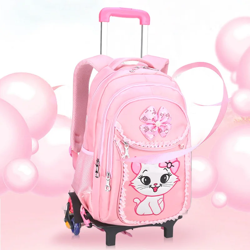 Large Capacity School Bag Trolley Children Girl Pink Fashion Kids School Bag and Lunch Bag Set with Wheels