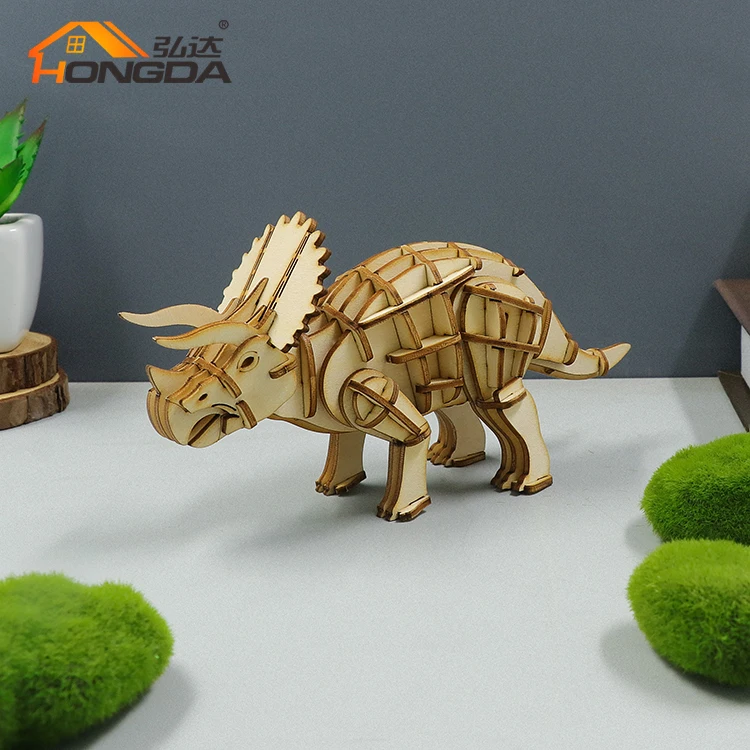 Hongda AM003 BSCI certificate Dinosaur series 3d wooden animal jigsaw puzzle 2023 diy 3d wooden puzzle game