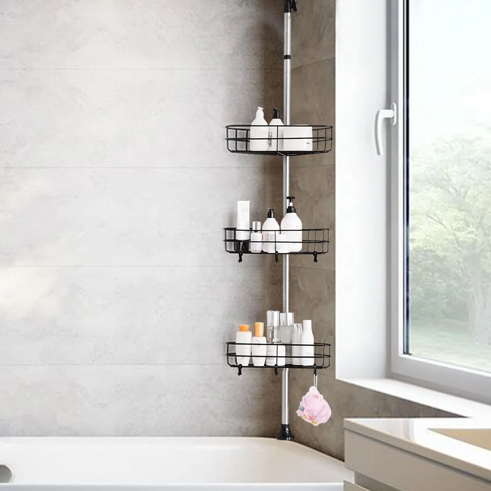 BAOYOUNI Stainless Steel 3 Tier Spring Tension Shower Caddy Adjustable Bathroom Corner Organizer Shelves Height up 310cm