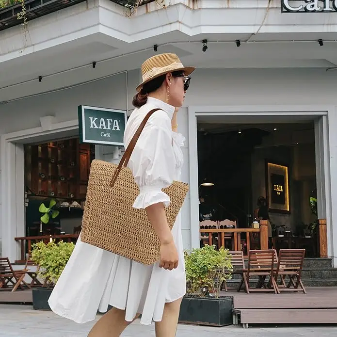 CHIC DIARY Woman Knitted Tote Bag Hand-woven Straw Shoulder Bag Summer net Beach Tote Pures