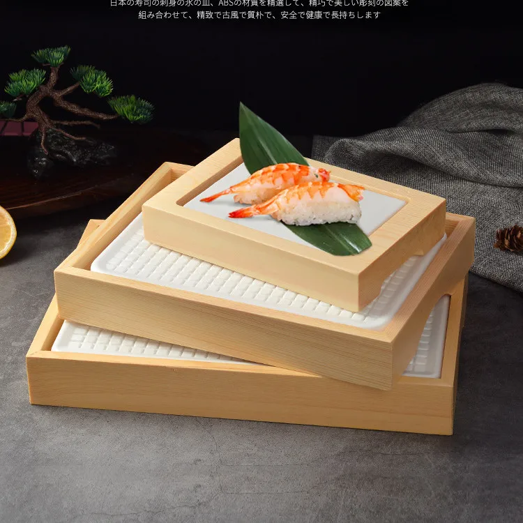 Harmony Frozen Seasoned Squid Slice Ice Saucer Plastic Ice Tray With Wood Pallet Wooden Plates For Restaurants