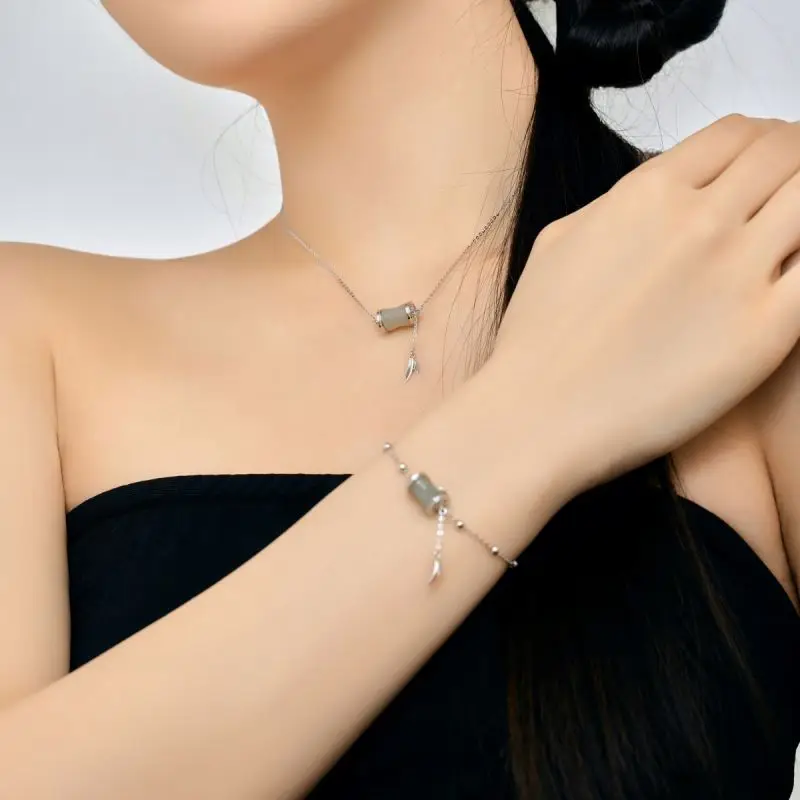 Dylam 22K Gold Plated S925 Sterling Silver Jewelry Necklace Women Girls Bamboo Shape Hetian Jade Pendant Necklaces Bracelets Set