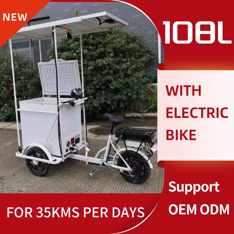 108L Ice Cream Trolley Solar Freezer With Electric Bike Solar Panel  Li Battery  Solar Controller Full Set