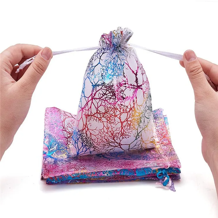 Organza Drawstring Bags For Jewelry Packaging Multi-size Colorful Trees Printing For Party Wedding Candy