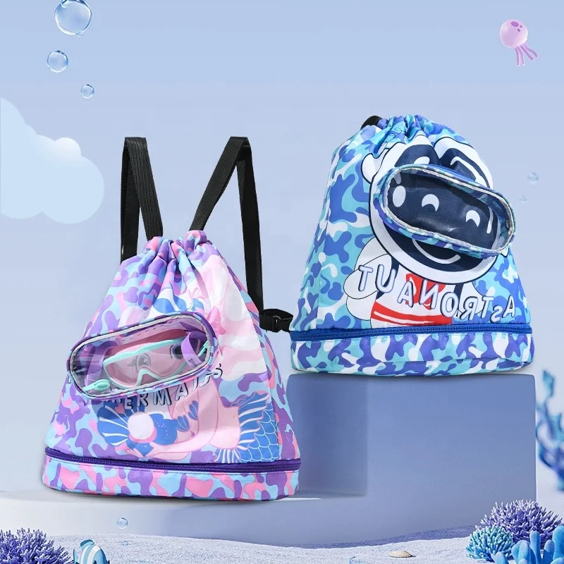 Wholesale custom kids cartoon dinosaur drawstring backpack sports gym bag waterproof dry wet separation swimming bag unisex bag
