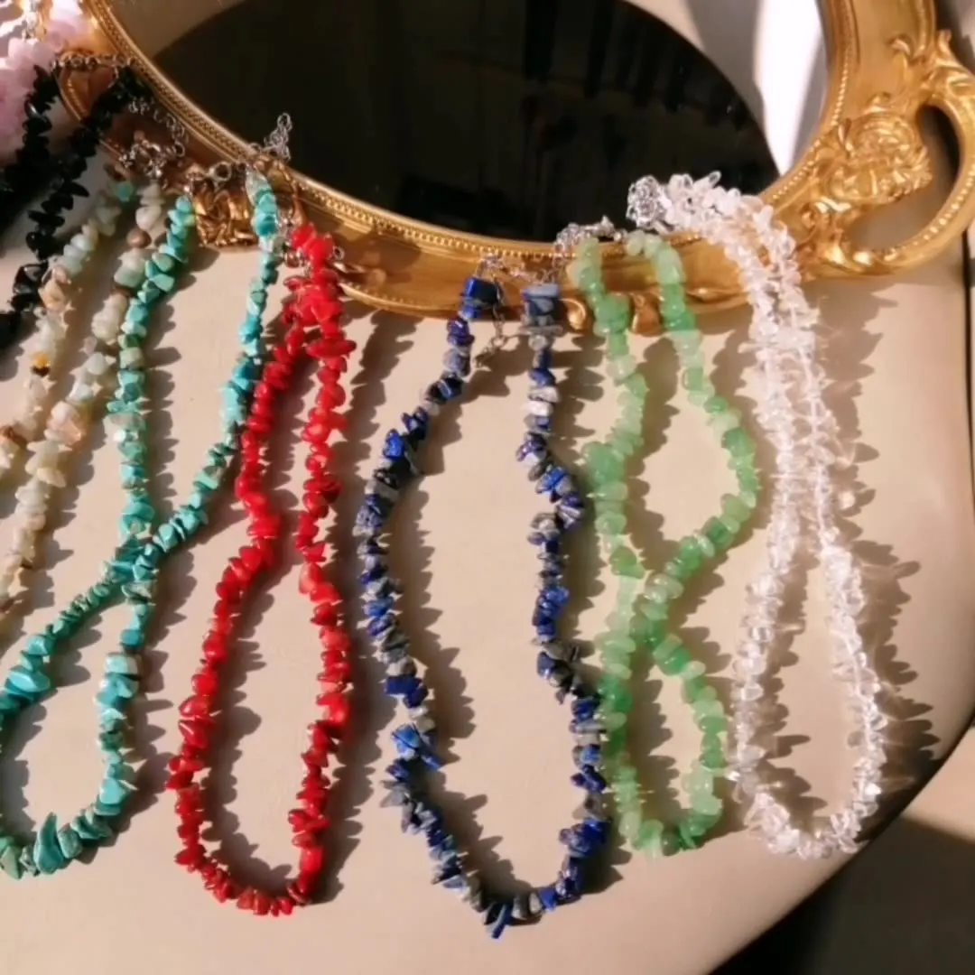 LWR70335 Handmade Bohemian Natural Stone Color Quartz Amethyst Crystal Turquoise Beaded Necklace Women Choker Jewelry