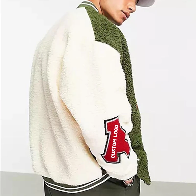OEM custom winter letter embroidery oversized teddy borg varsities fleece jacket for men
