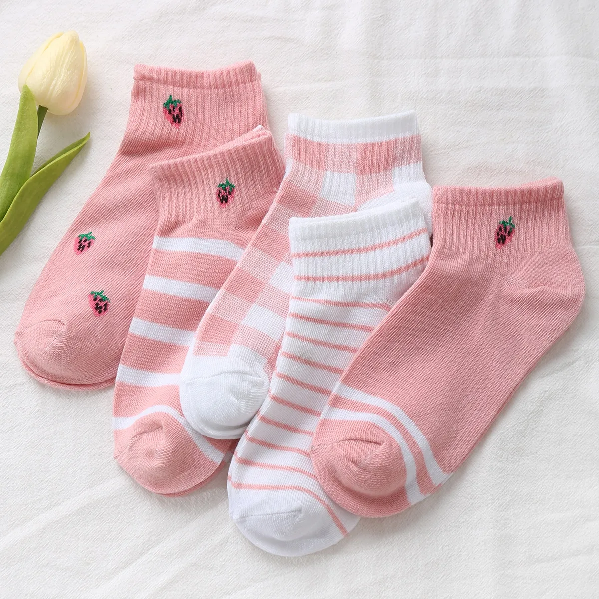 5 Pack Cheap Summer Ladies Strawberry Designs Short Pink Low Cut Women Cute Ankle Socks