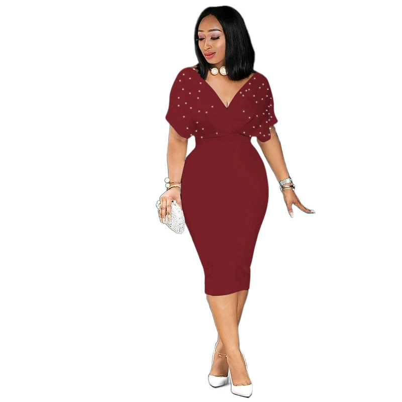 
Sexy butterfly sleeves V-neck solid color elegant bag hip pencil skirt plus plain fashion pearl professional tight dress 