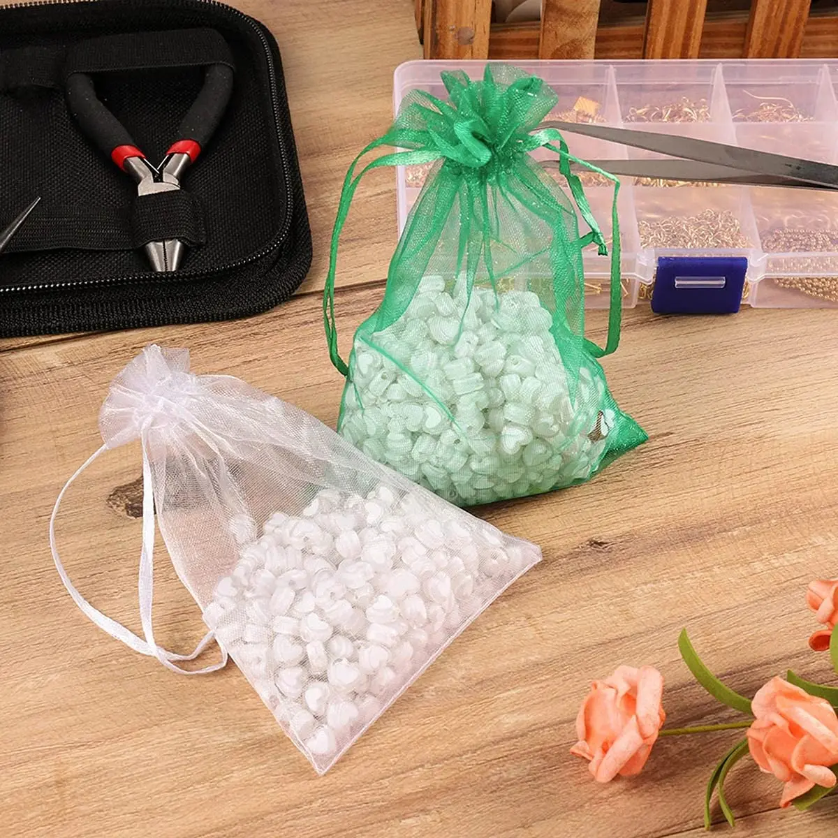 Mesh Green Clear Jewelry Gift Wrap Goody Package Sachet Drawstring 1000 Organza Bags for Baby Shower Christmas Party