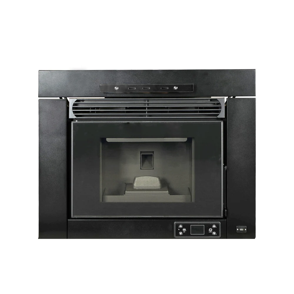 New Trend QM1002A CE Approved Steel Black Fashion Wood Pellet Stove  Insert Large Glass Viewing Indoor Pellet Fireplace