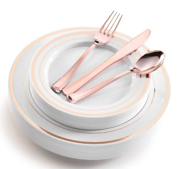 Wholesale Food Grade Dinning Gold Sliver Rose Tray Bowl Dish Tableware Set Heat-Resistant PS Plastic Plate Disposable Dinnerware