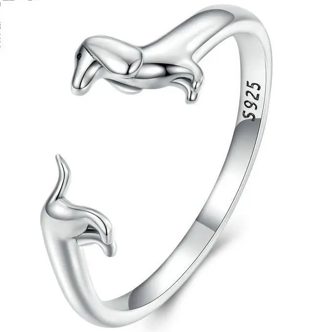 Rainbowking Sterling Silver S925 Dachshund Open Ring Simple Cute Cute Fun Vegan Silver Puppy Ring Fine Jewelry Ring