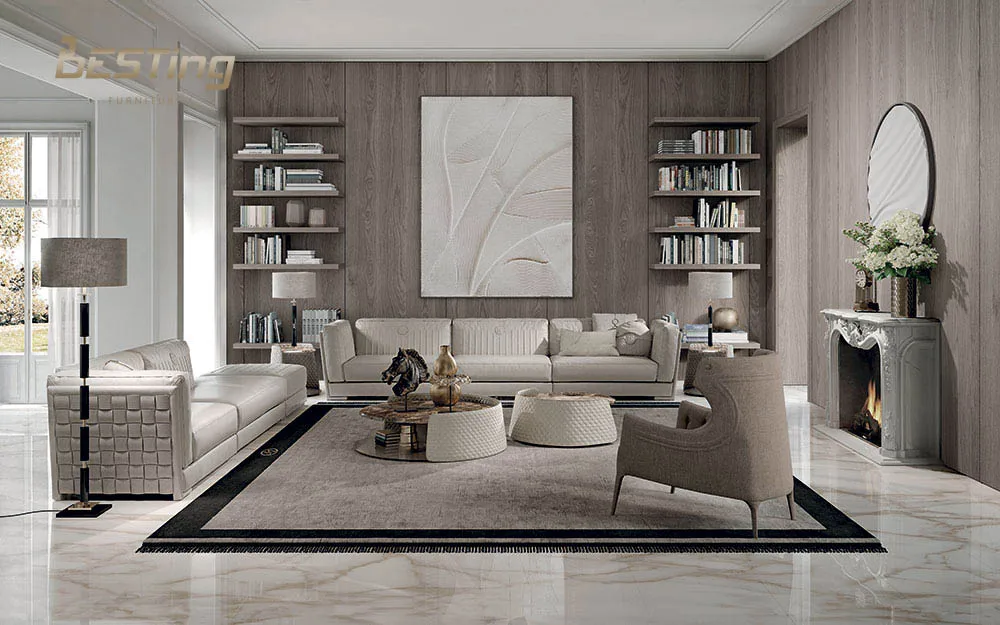 Italian L-shape sofa beige color furniture luxury villa velvet fabric modern sectional sofa living room furniture