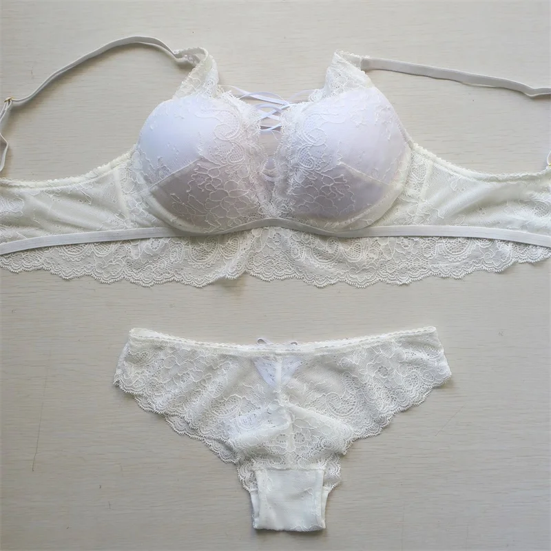 Wholesale Fashionable Women Push Up Cup Underwired Bra And Brief Set Crossed Satin Neck Lace Adjusted Straps