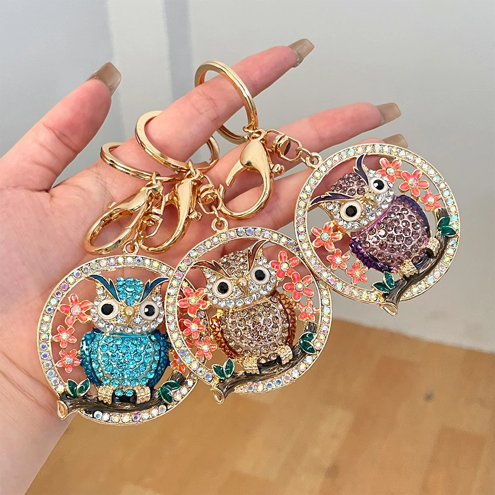 Wholesale Accessory Gold Animal Owl Shaped Key Ring Colorful Rhinestone Owl Key Holder Chain For Gift