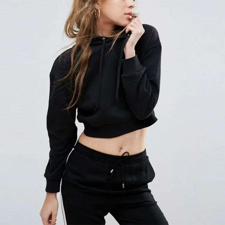 Clothing Suppliers Crop top design cotton grayno zipper blank Black hoodies for women