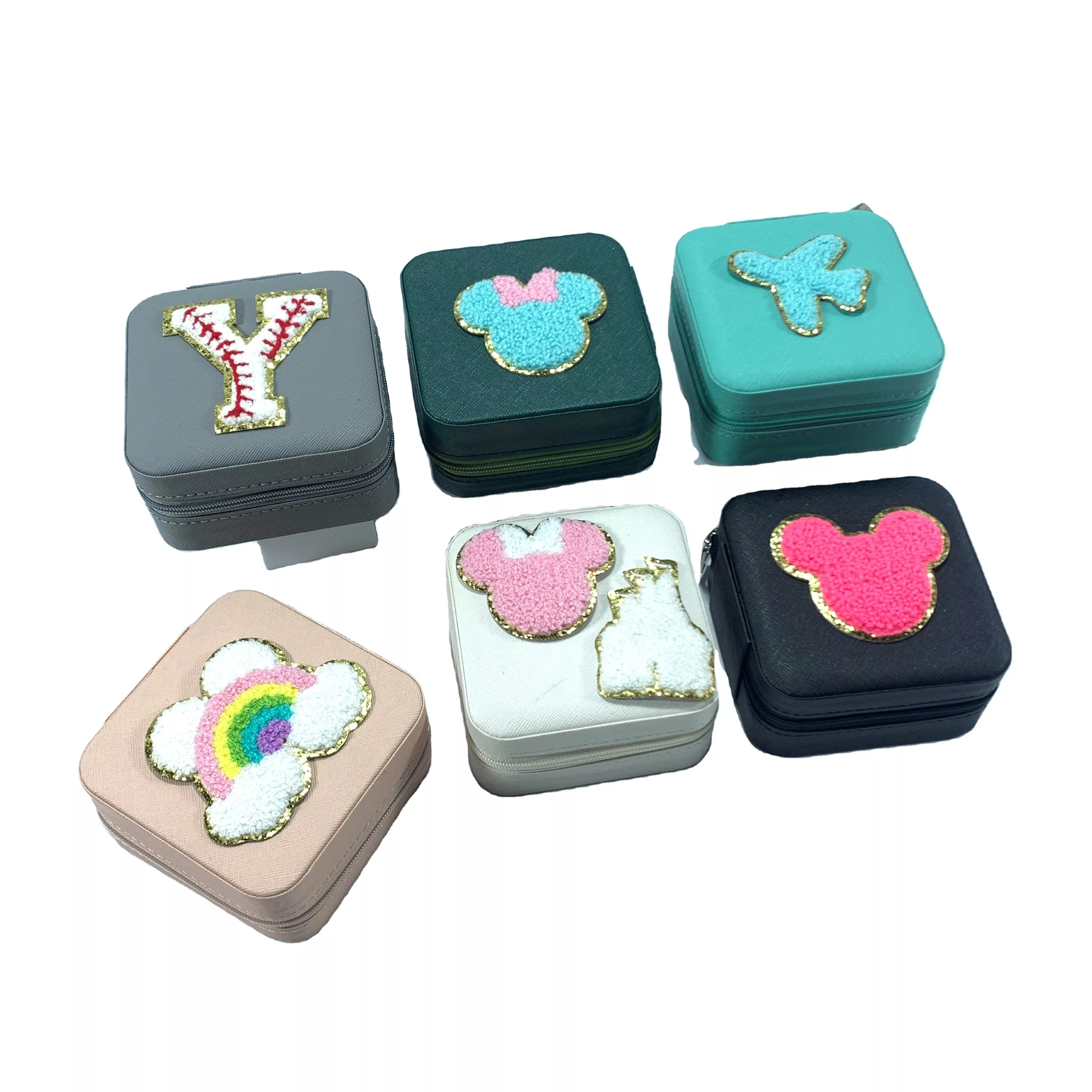 Pu leather travel jewelry organizer high quality chenille patches mini jewelry case colorful jewelry storage box