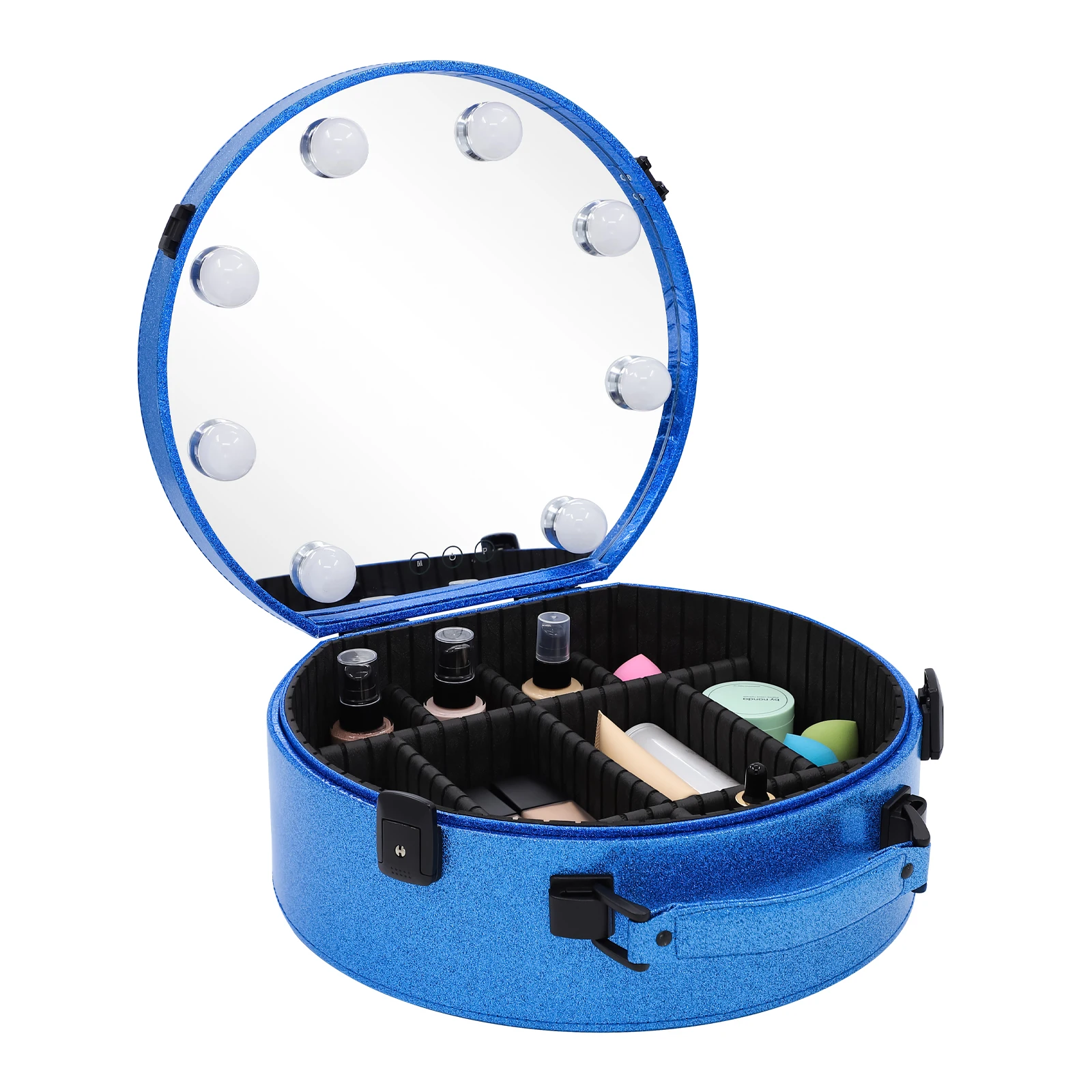 KEYSON FACTORY WHOLESALE Portable PU Makeup train Case bag Cosmetic Storage Suitcase Vanity Box with led mirror for artists