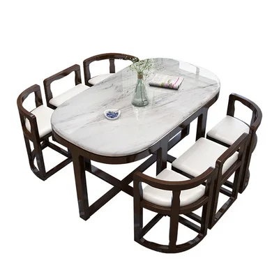 Solid wood dining table and chair combination simple modern marble tabletop small household space saving 6 people