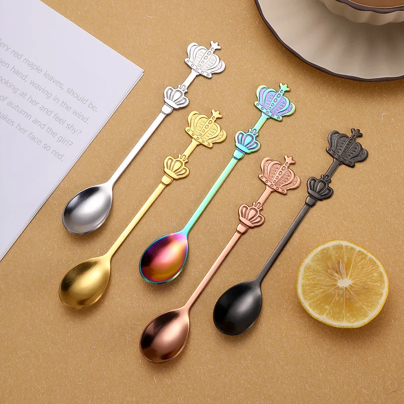 Wholesale Creative Double Crown Stainless Steel Tableware Spoon Golden Cake Dessert Fruit Spoons Coffee Stirring Spoon