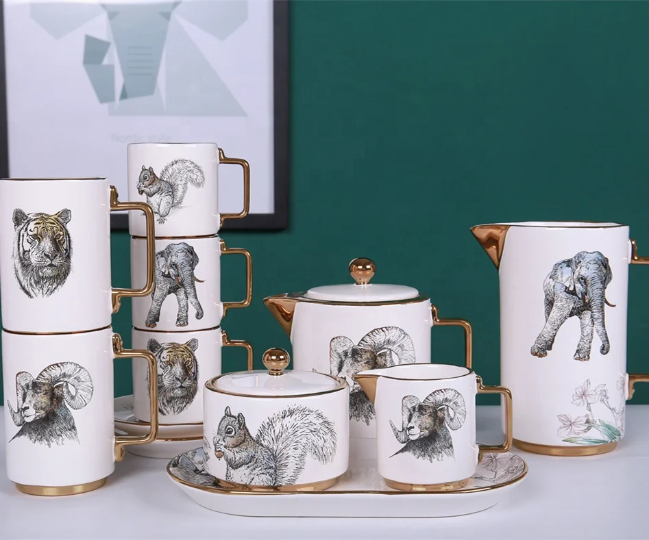 New Listing Animal Pattern Decal Drinkware Gold Plating Porcelain Coffee & Tea Sets for Home Cafe Gift