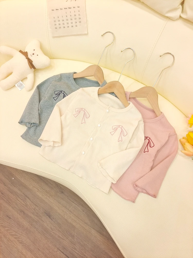 Latest Baby Bow Knitted Cardigan Girl Long Sleeve Top Baby Sweet Simple Coat