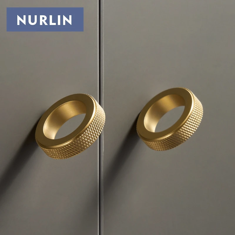 Nurlin Solid Brass Diamond-cut Cross Knurled Circular Ring Cabinet Wardrobe Knobs Furniture Drawer Finger Ring Handle Knurling