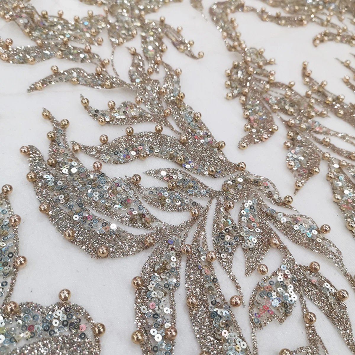 Оптовая продажа, хорошее качество, африканская сетка из бисера, блестящая кружевная ткань для вечернего платья, Роскошный Блестящий тюль цвета шампанского с золотыми блестками