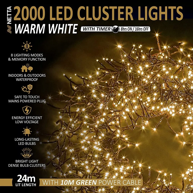 Christmas Lights 2000 LED 24m Multi Action Tree Lights Cluster Lights 8 Functions with Timer Indoor/Outdoor