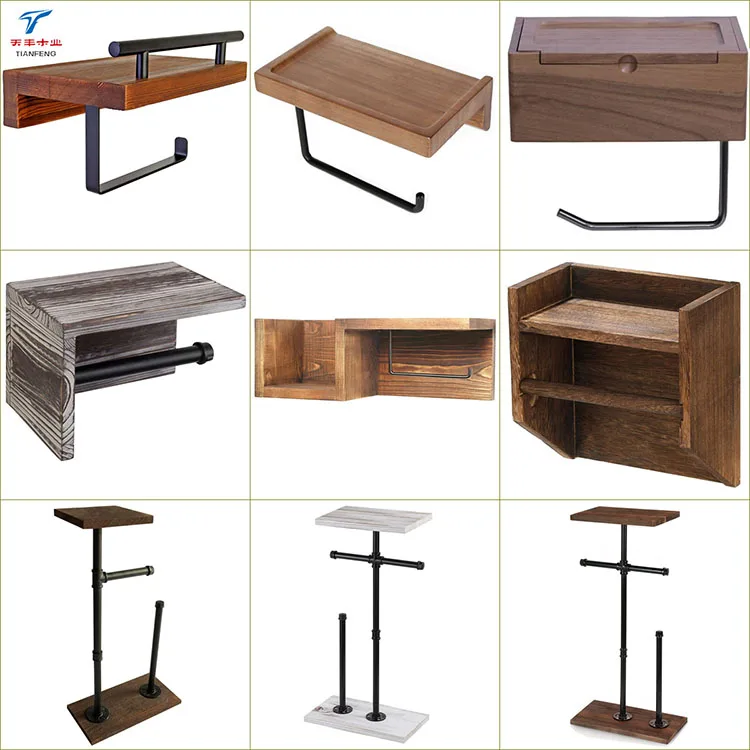 Industrial Free Stand Dispenser Toilet Paper Holder with Reserve Shelf Cast Iron Pipe Wooden Base