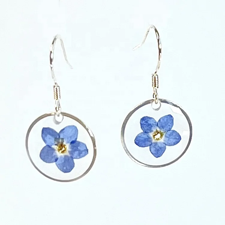 Fashion Jewelry Round Shape Small Size 925 Sterling Silver Hook Transparent Resin Flower Earrings