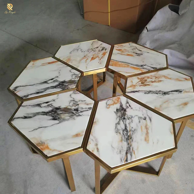 High quality texture white artificial marble table top office conference table interior decor hexagon petals design coffee table