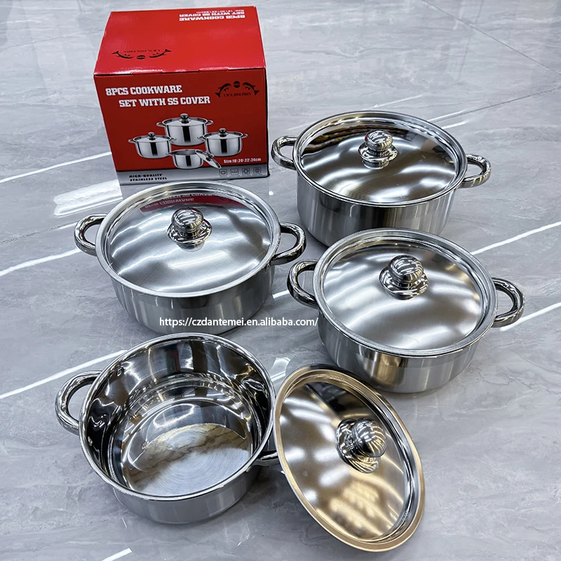 High Quality Factory 8 Pieces Kitchen Cooking Pot Set  Luxury Stainless Steel Cookware Sets