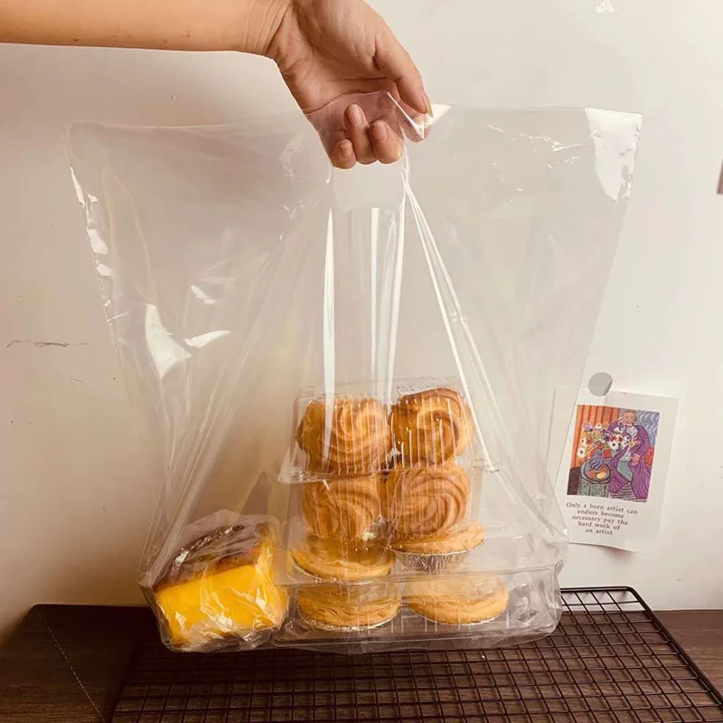 Customized Wholesale New Styles Bakery Dessert Cookies Cake Bread Candy Transparent Waterproof Handle Plastic Bags