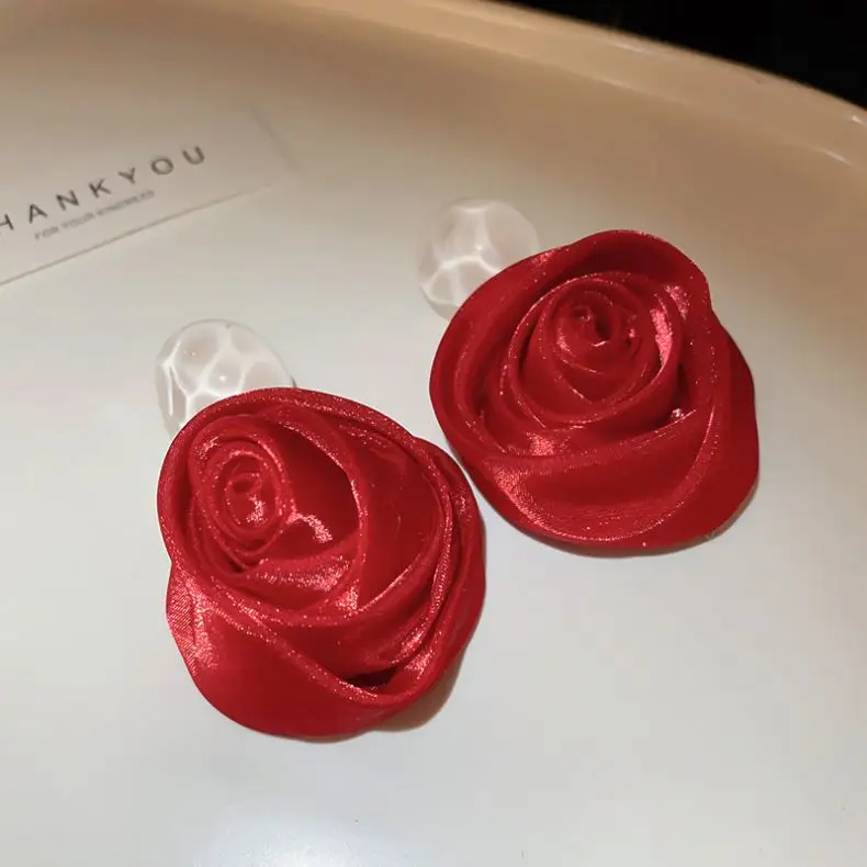 Ankela Red Fabric Rose Blossoms Earrings Sweet Atmosphere Earrings Beautiful and dignified temperament Earrings Female