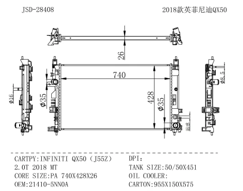 JD 28408 Engine Parts Radiator for Nissan INFINITI QX50 J55Z 2.0T 2018 MT Radiator 21410-5NNOA Water Cooling Radiator