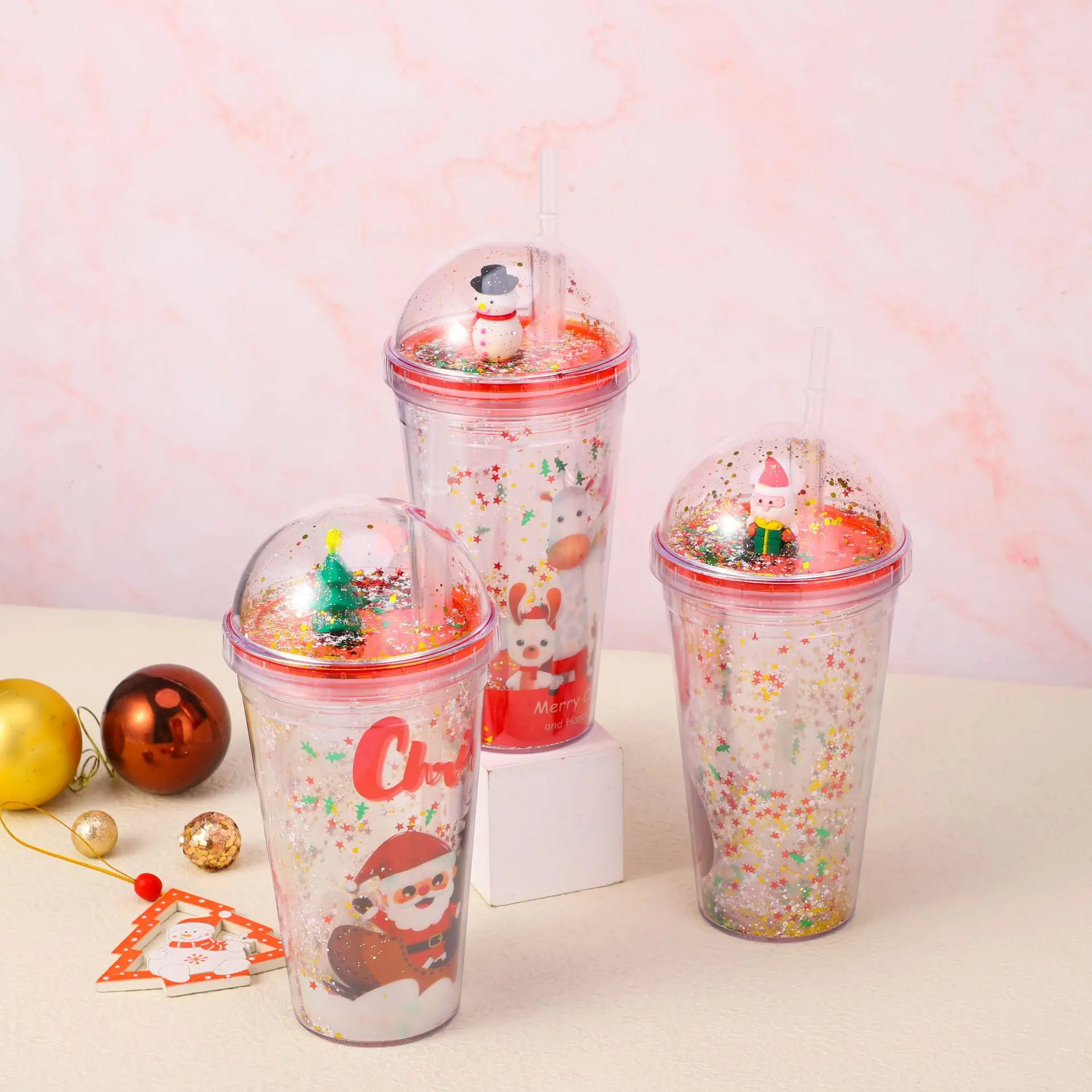 BPA Free 450ML double walled tumbler with straw Christmas Gift Cup Spot Creative Flash Pink Summer Ice Plastic Straw Cup