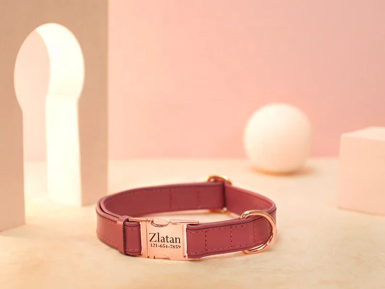 Custom colors personalized leather dog collar vegan luxury dog collar and leash set small large dog pet collars & leashes