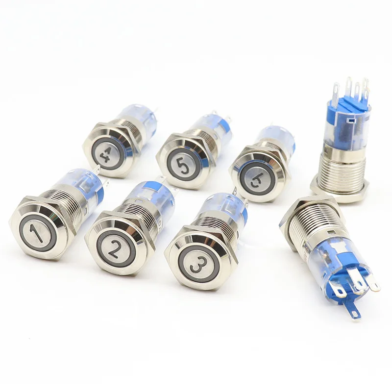 16/19mm Reset Latching Lock Metal Button Switch LED With Light Number Symbol 1234567890 Elevator Waterproof DIY Buttons
