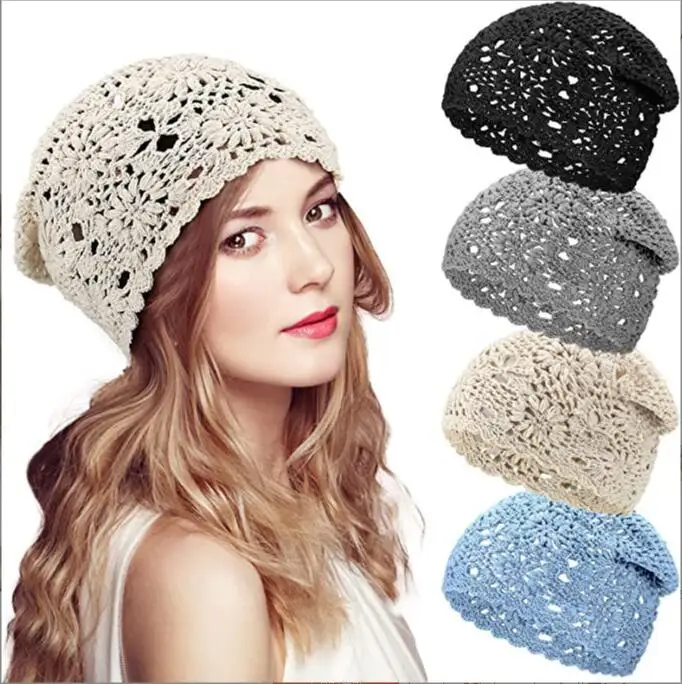Hollow Crochet Spring Summer Pure Cotton Skull Caps Party Fashion Turbano Female Woven Knitted Beanie Hat Handmade Hats