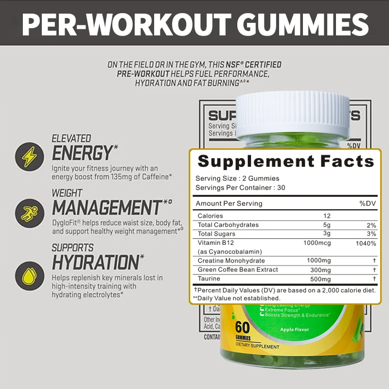 WXW Pre-Workout Gummies Energy Supplements Workout Gummies with Enhanced Long Lasting Energy In Stock