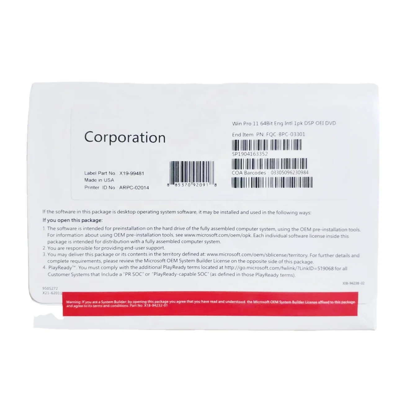 Win 11 Professional OEM DVD полный пакет использование ключ Лицензия английская версия Pro гарантия 12