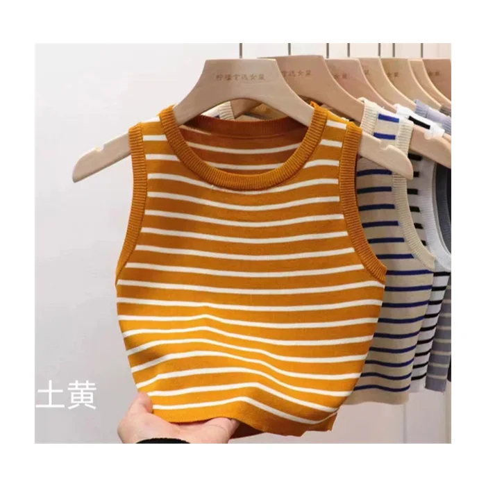 2024 Europe Fashion Summer Vest Women O-neck Sleeveless Stripped Vest Solid Color Slim Knitted Daily Casual Lady All-Match Vest