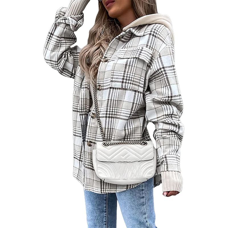Women Long Sleeve Flannel Button Down Plaid Shacket Jacket Hooded Coat