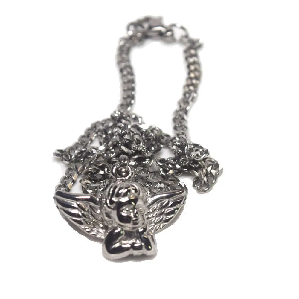 Fashion Hip Hop Men Necklace Stainless Steel 3mm Cuban Link Chain Copper with Gold Plated baby Angel with wingPendant Necklace