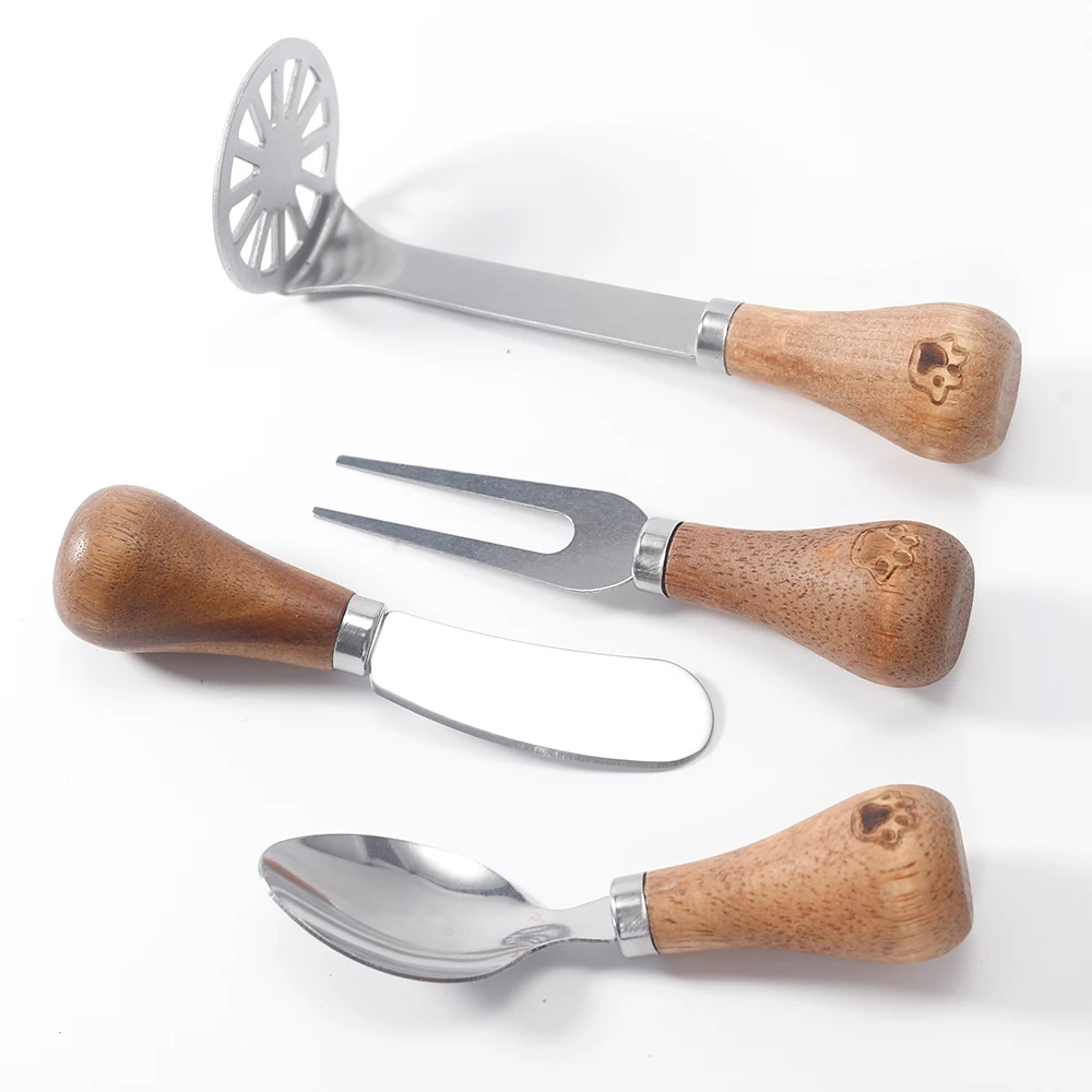 4 pcs custom logo stainless steel acacia cheese knife spreader set with wooden handle